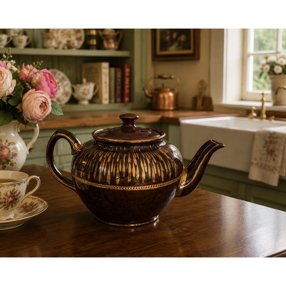 Sadler‎ England Vintage Brown Gold Sunburst Teapot 2414 PB Mid Century Modern